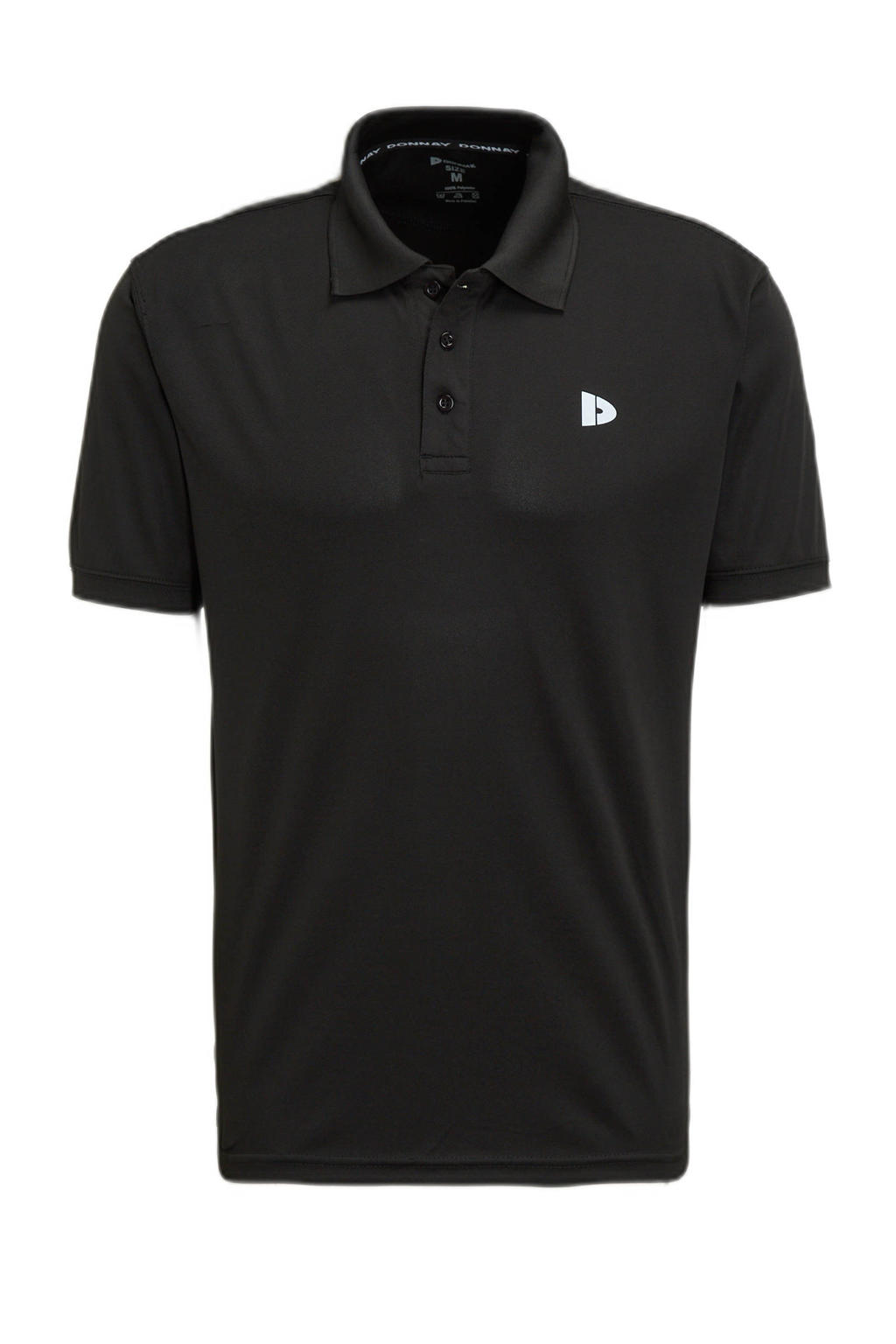 Zwarte heren Donnay sportpolo van polyester met logo dessin, korte mouwen, klassieke kraag en knoopsluiting
