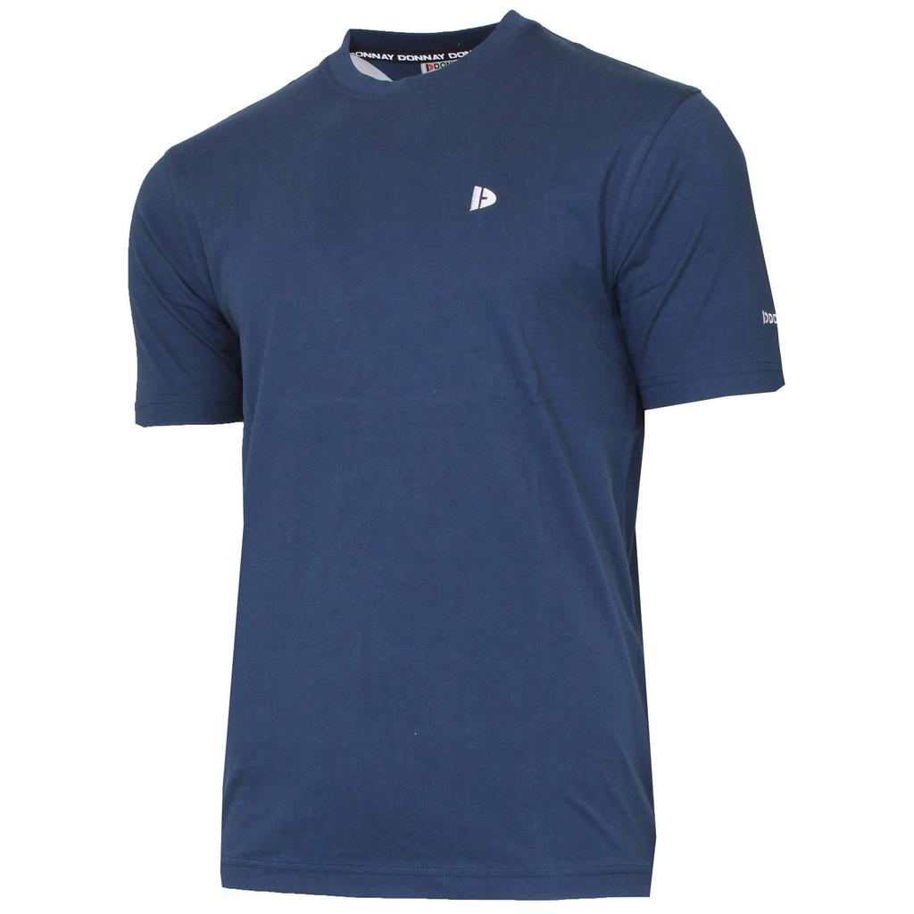 Donkerblauwe heren Donnay sportshirt Vince van katoen met logo dessin, korte mouwen en ronde hals