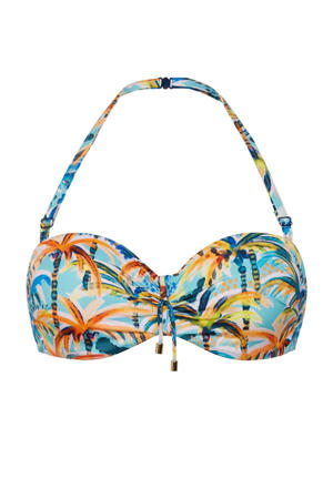 strapless bandeau bikinitop met all over print blauw/geel/oranje