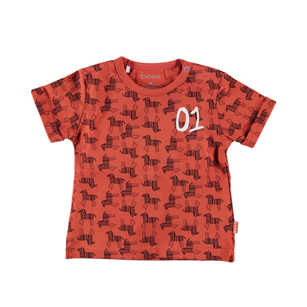 Bruine jongens B.E.S.S T-shirt van sweat materiaal met dierenprint, korte mouwen, ronde hals en drukknoopsluiting
