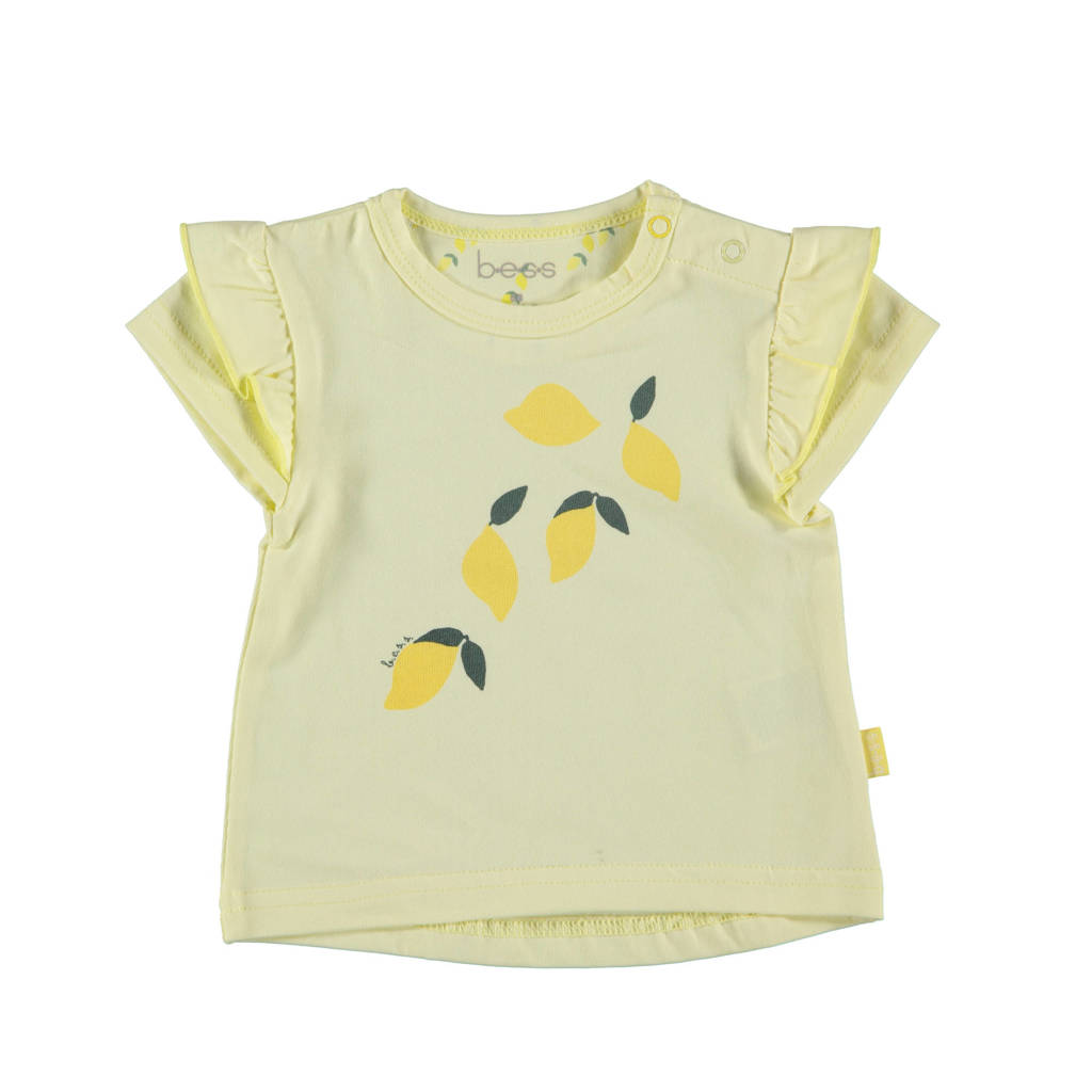 B.E.S.S baby T-shirt met fruitprint en ruches lichtgeel, Lichtgeel