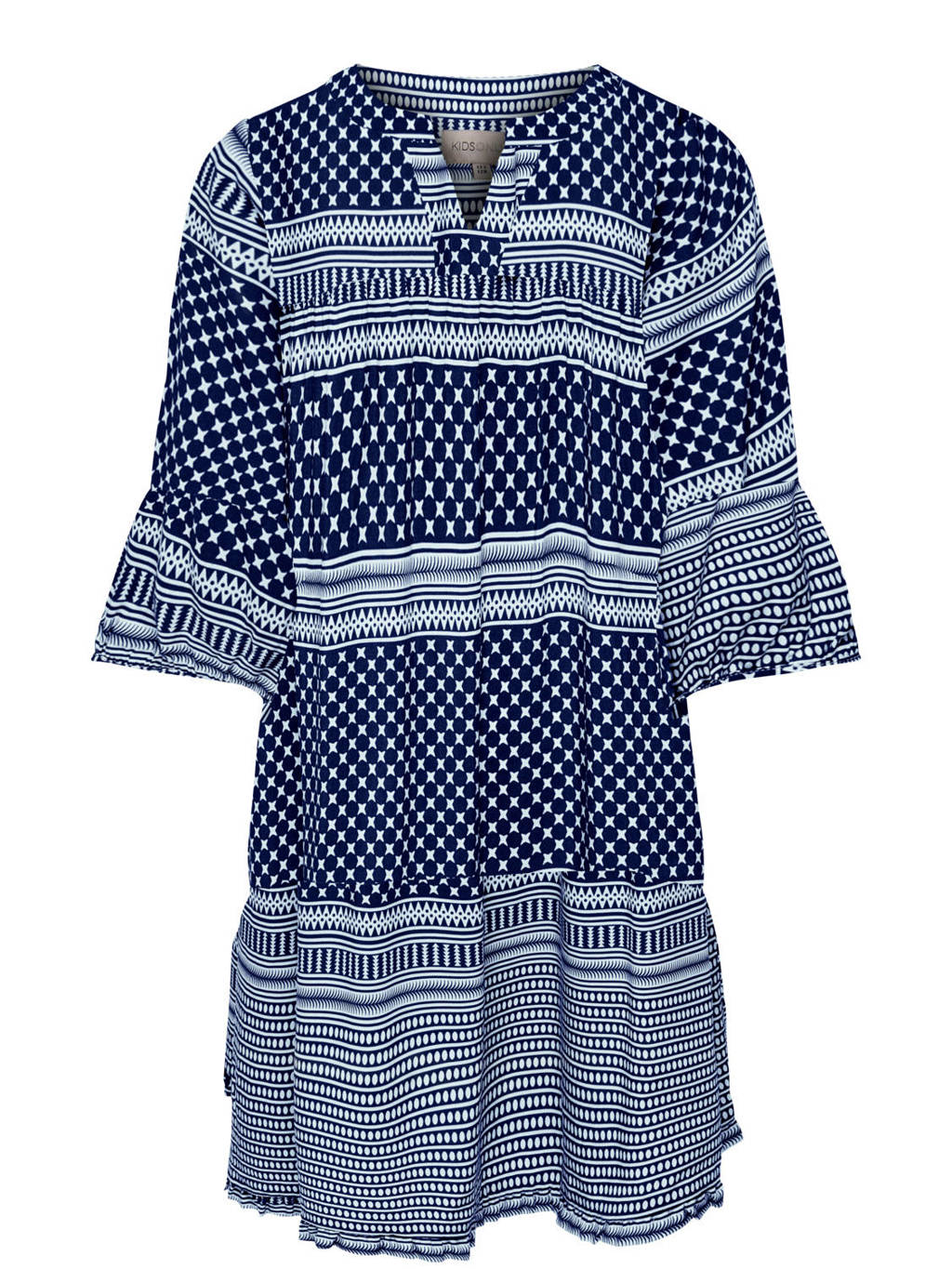 KIDS ONLY jurk Alberte met grafische print en plooien donkerblauw/wit, Donkerblauw/wit