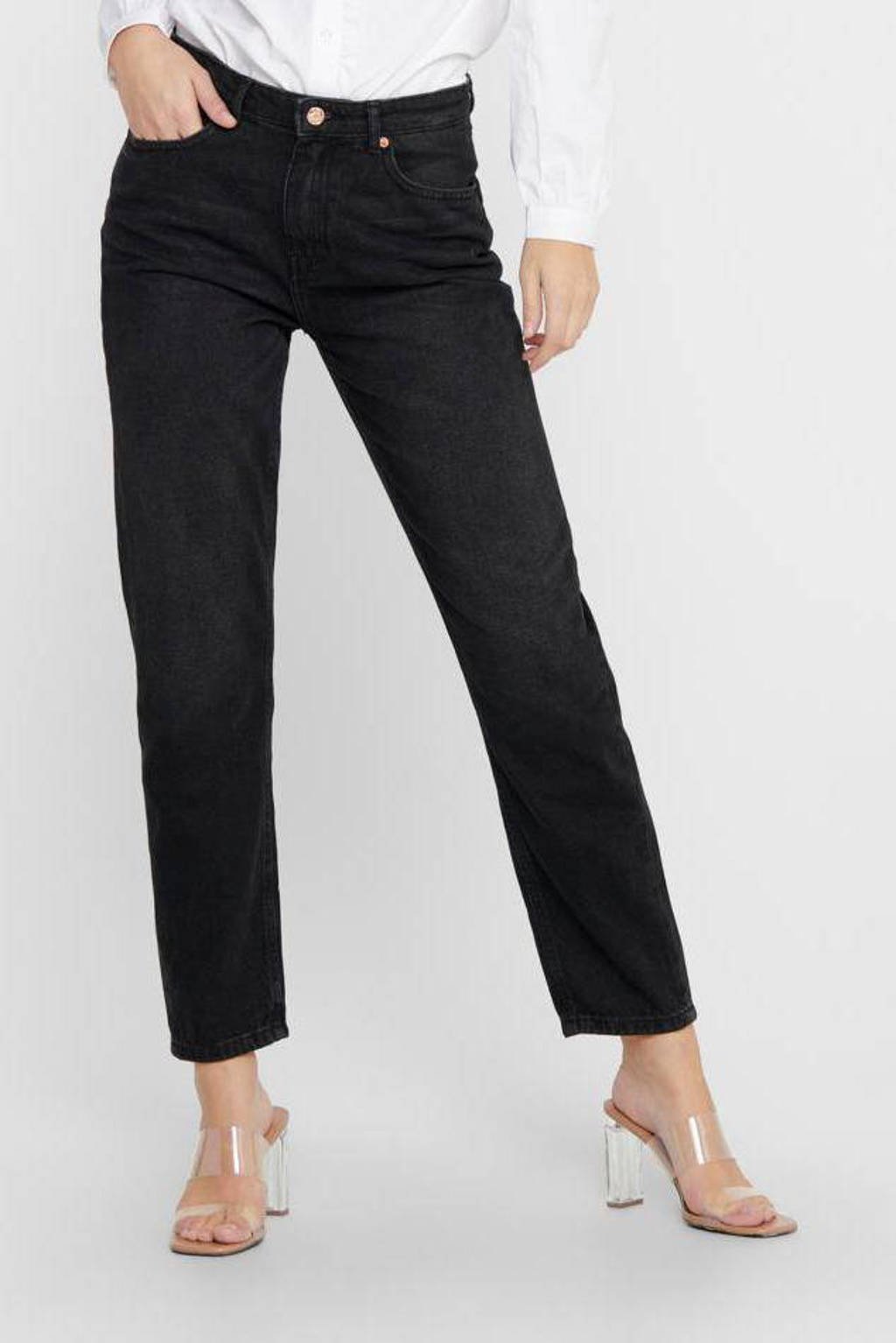 Grijze dames ONLY mom jeans van denim met high waist en rits- en knoopsluiting