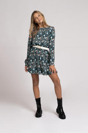 gebloemde jurk Tilda warm donkergroen/lichtblauw/roze