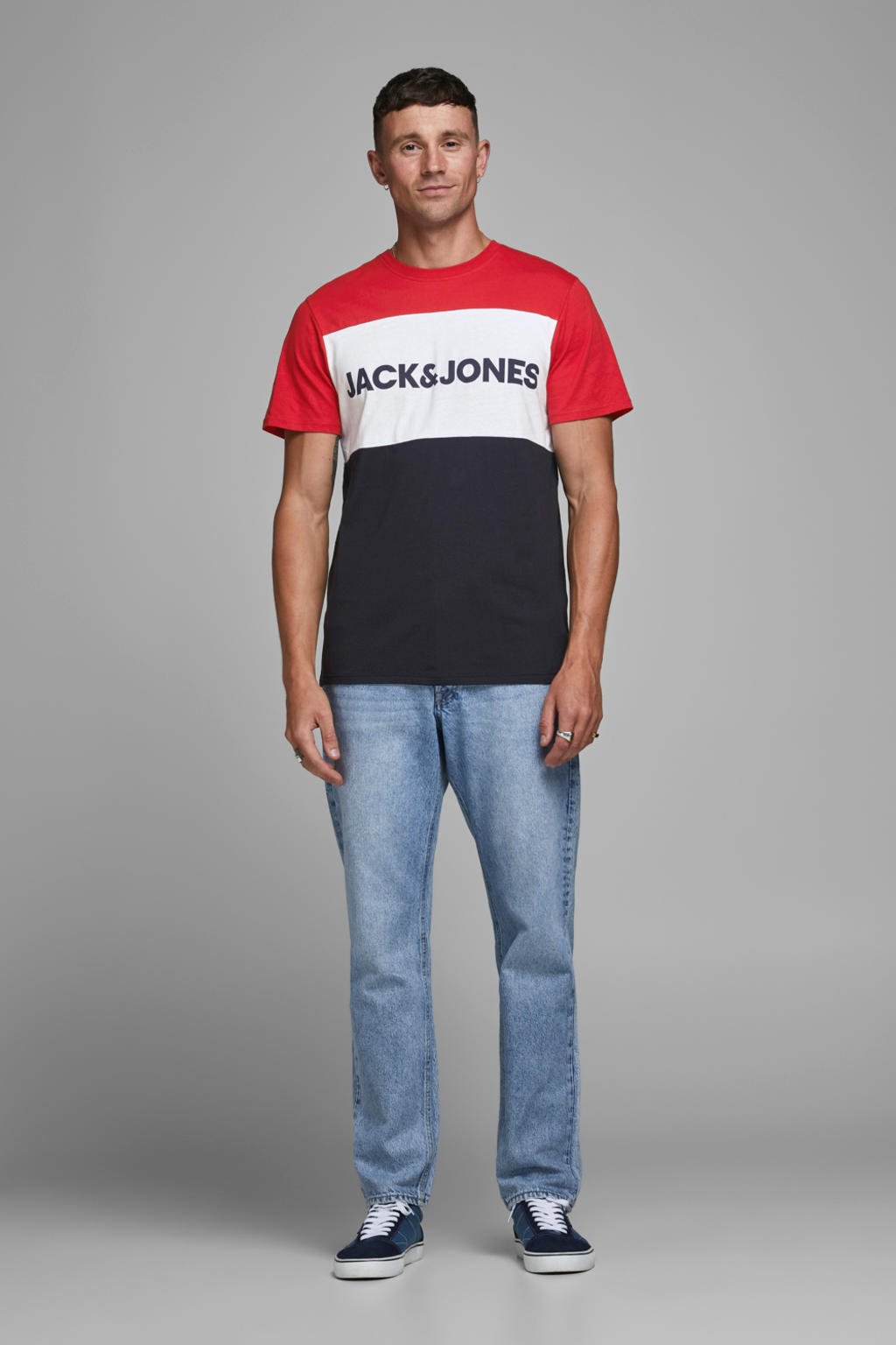 JACK & JONES ESSENTIALS T-shirt JJELOGO met logo rood/wit/donkerblauw