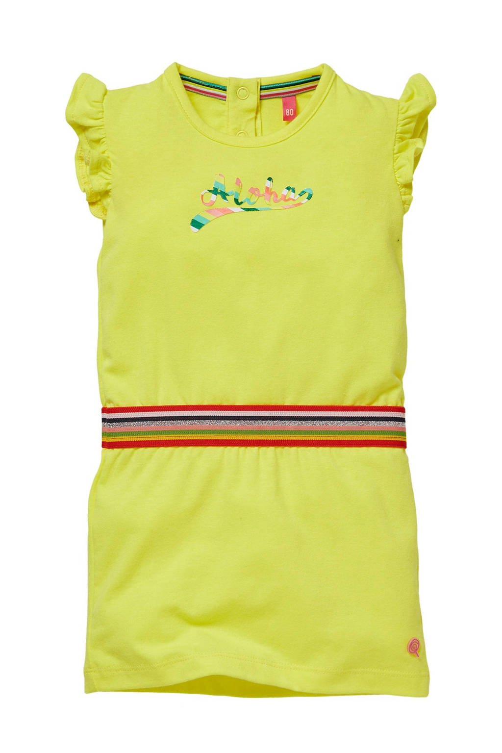 Gele meisjes Quapi Mini jurk Gineke met ruches van stretchkatoen met printopdruk, kapmouwtjes en ronde hals