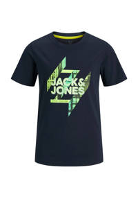 Donkerblauwe jongens JACK & JONES JUNIOR T-shirt Spring van katoen met logo dessin, korte mouwen en ronde hals