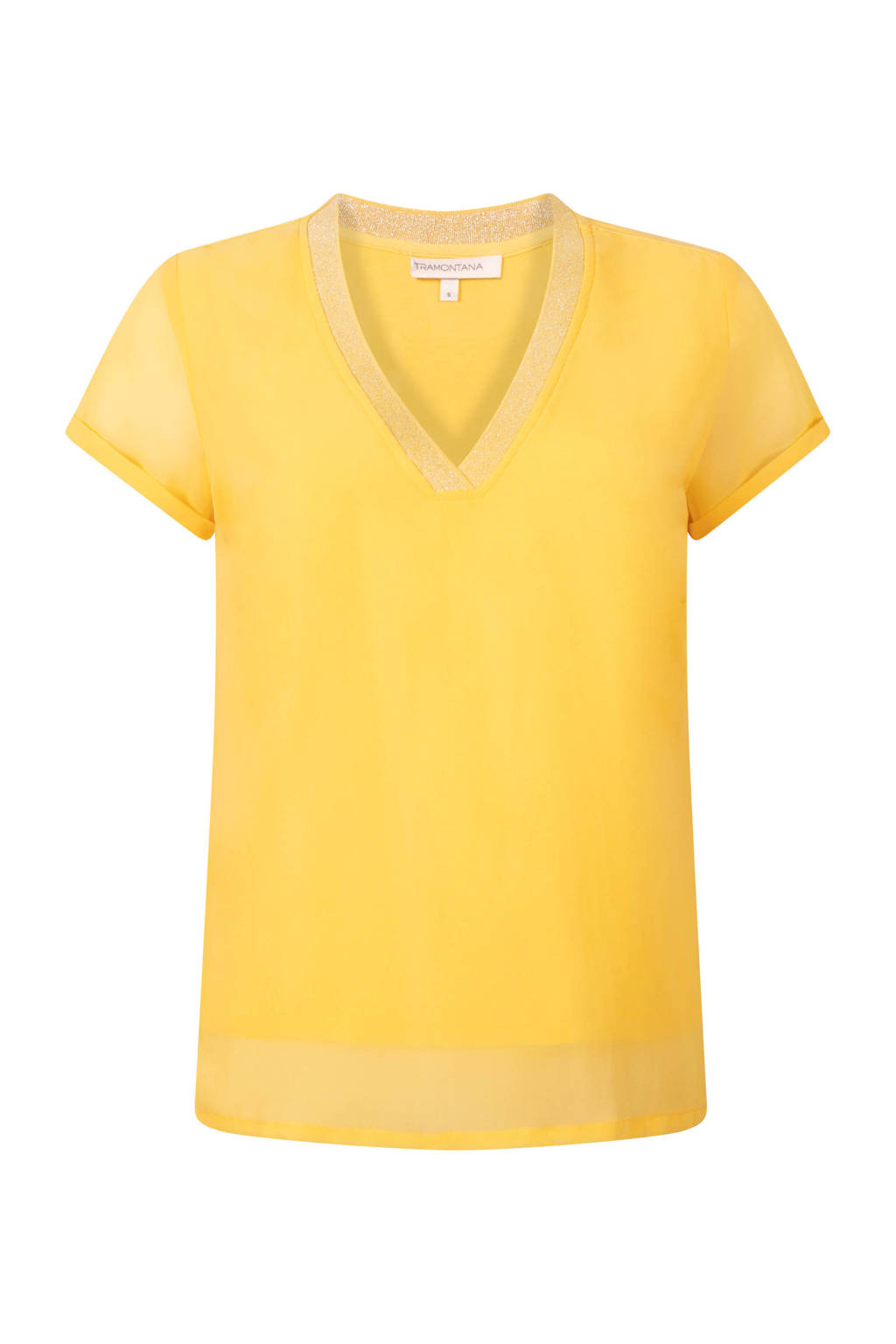 Gele dames Tramontana top van polyester met korte mouwen, V-hals en glitters
