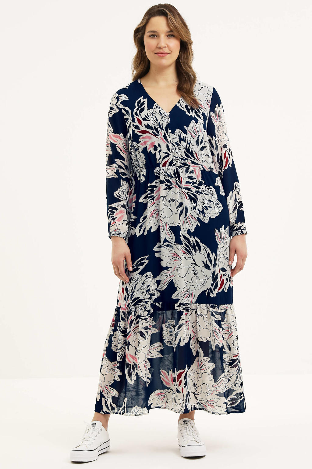 Donkerblauwe dames VERO MODA CURVE maxi jurk van polyester met lange mouwen en V-hals