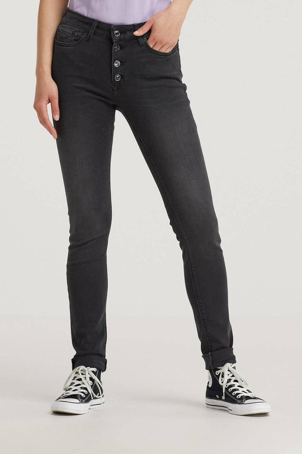 Grijze dames REPLAY high waist skinny jeans van katoen met rits- en knoopsluiting