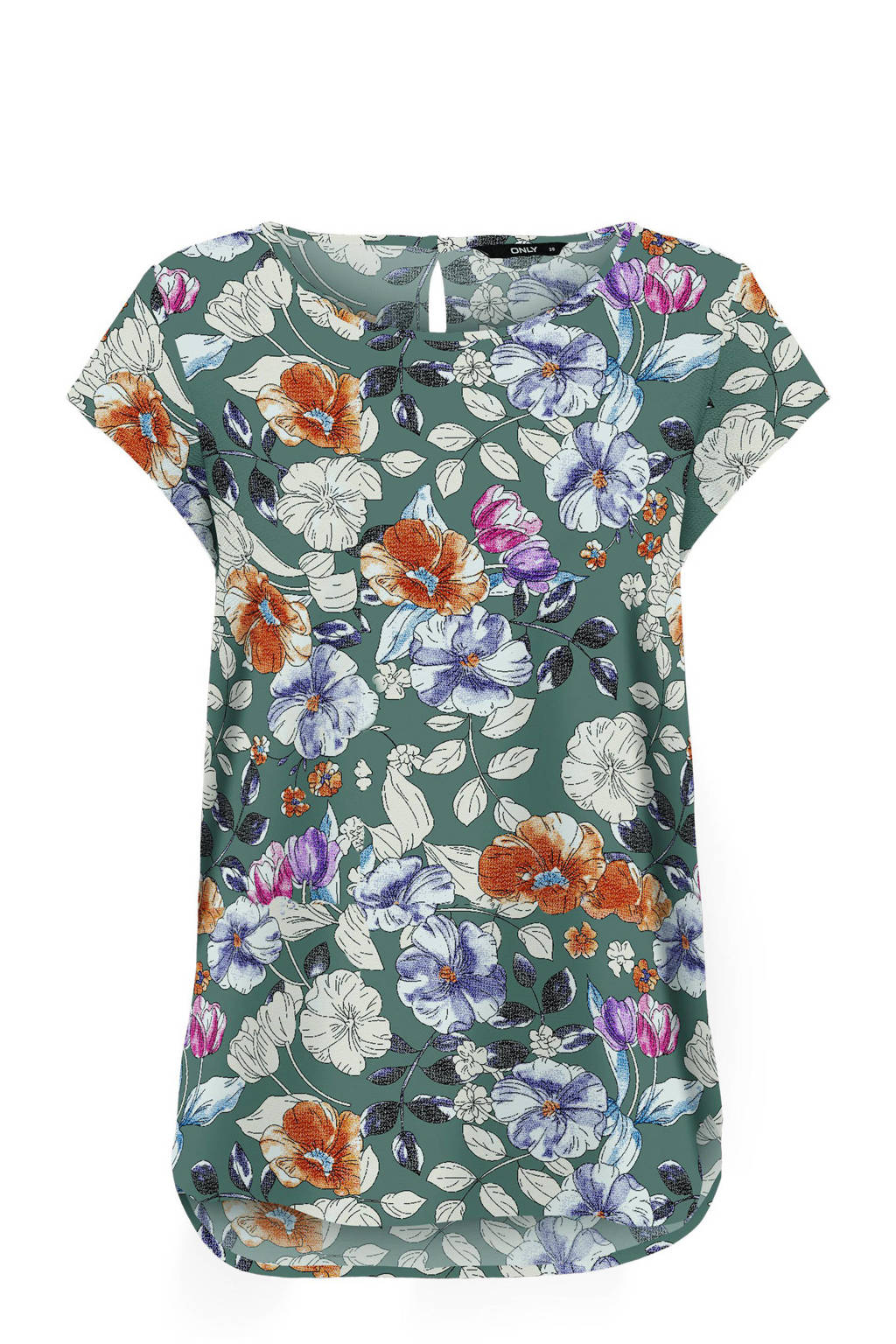 Groene dames ONLY top met all over print, korte mouwen, ronde hals en knoopsluiting