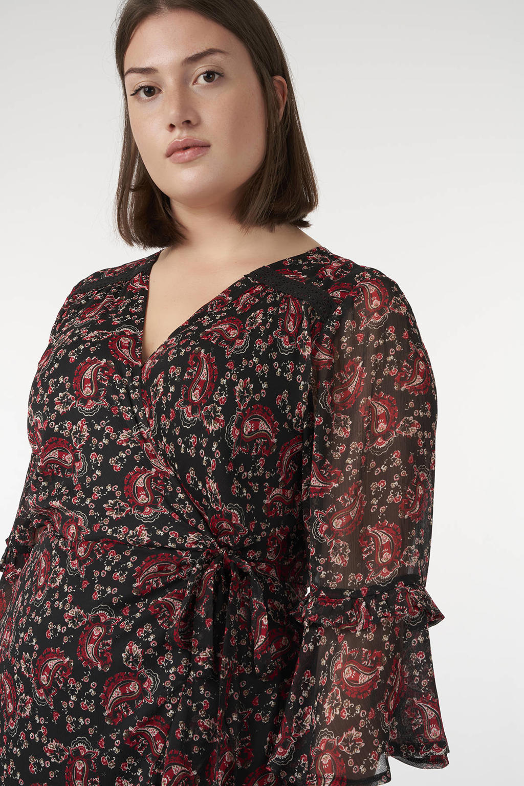 Morgan jurk met all over print en ruches rood/zwart/ecru