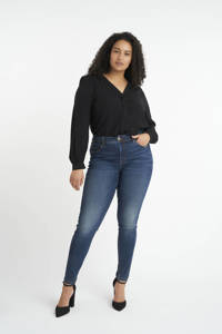 Donkerblauwe dames MS Mode skinny jeans van stretchdenim met regular waist en rits- en knoopsluiting