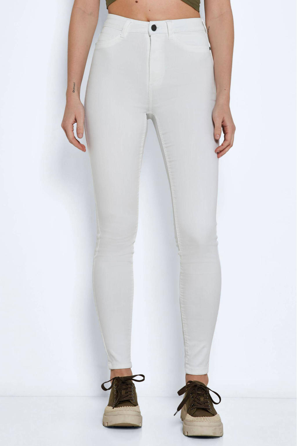 Witte dames NOISY MAY high waist skinny jeans van katoen met rits- en knoopsluiting