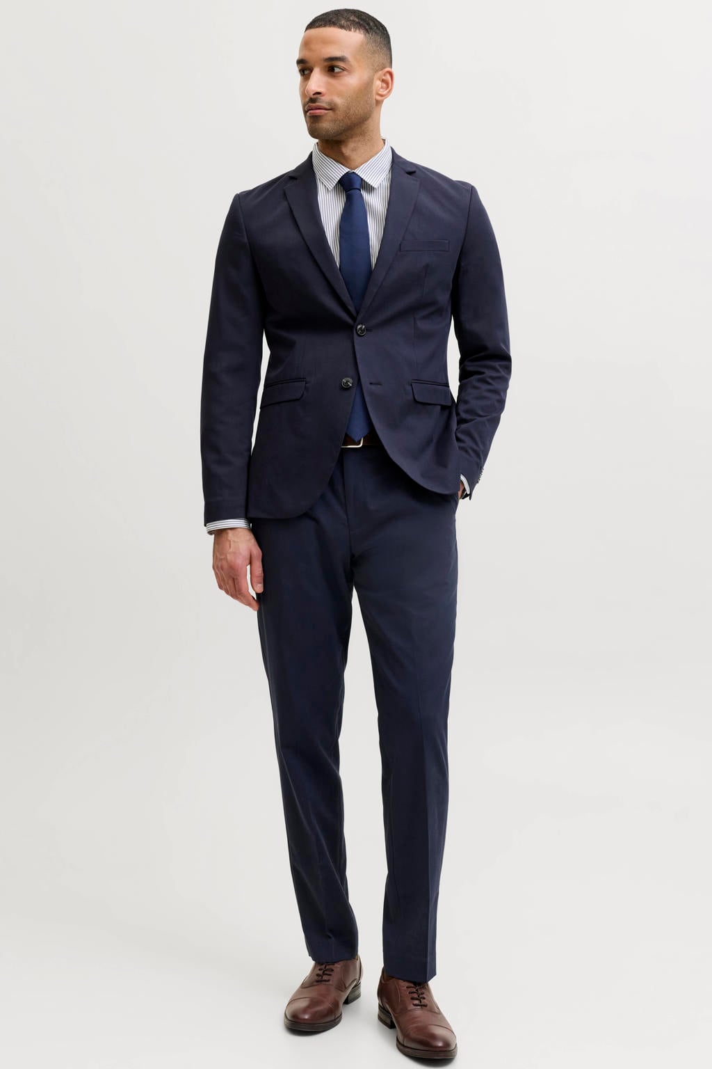 Donkerblauwe heren JACK & JONES PREMIUM super slim kostuum met effen en geweven detail