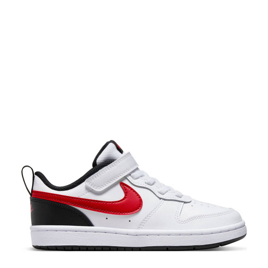 Wit, rood en zwarte jongens Nike Court Borough Low 2 (GS) sneakers van leer met veter- met klittenbandsluiting