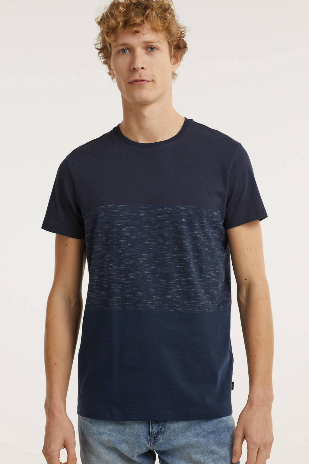 Donkerblauwe heren edc Men T-shirt katoen met meerkleurige print, korte mouwen en ronde hals