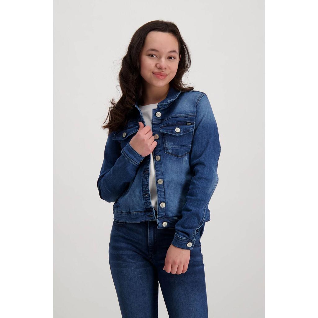 Dark blue denim meisjes Cars spijkerjas Jorinda van stretchdenim met effen, lange mouwen, klassieke kraag en knoopsluiting