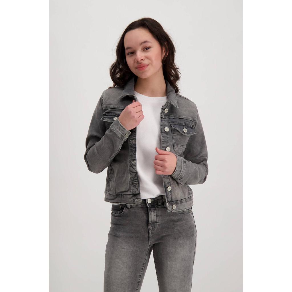 Grijze meisjes Cars spijkerjas Jorinda used van stretchdenim met effen, lange mouwen, klassieke kraag en knoopsluiting