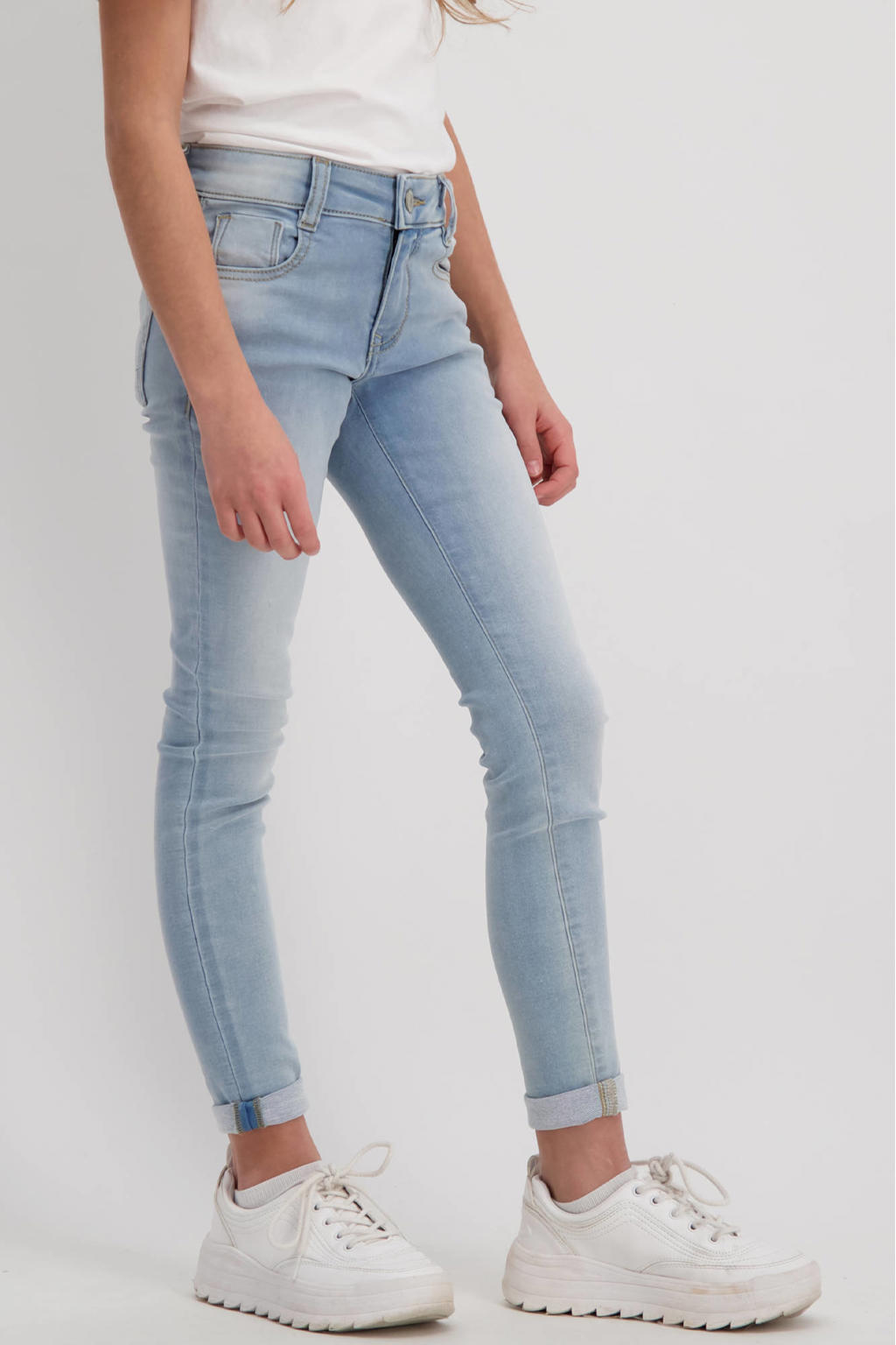 Light blue denim meisjes Cars skinny jeans Eliza van stretchdenim met rits- en knoopsluiting en effen