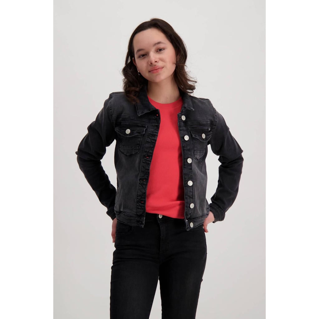 Zwarte meisjes Cars spijkerjas Jorinda van stretchdenim met effen, lange mouwen, klassieke kraag en knoopsluiting