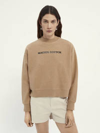Beige, donkerbruin en witte dames Scotch & Soda sweater katoen met tekst print, lange mouwen en ronde hals