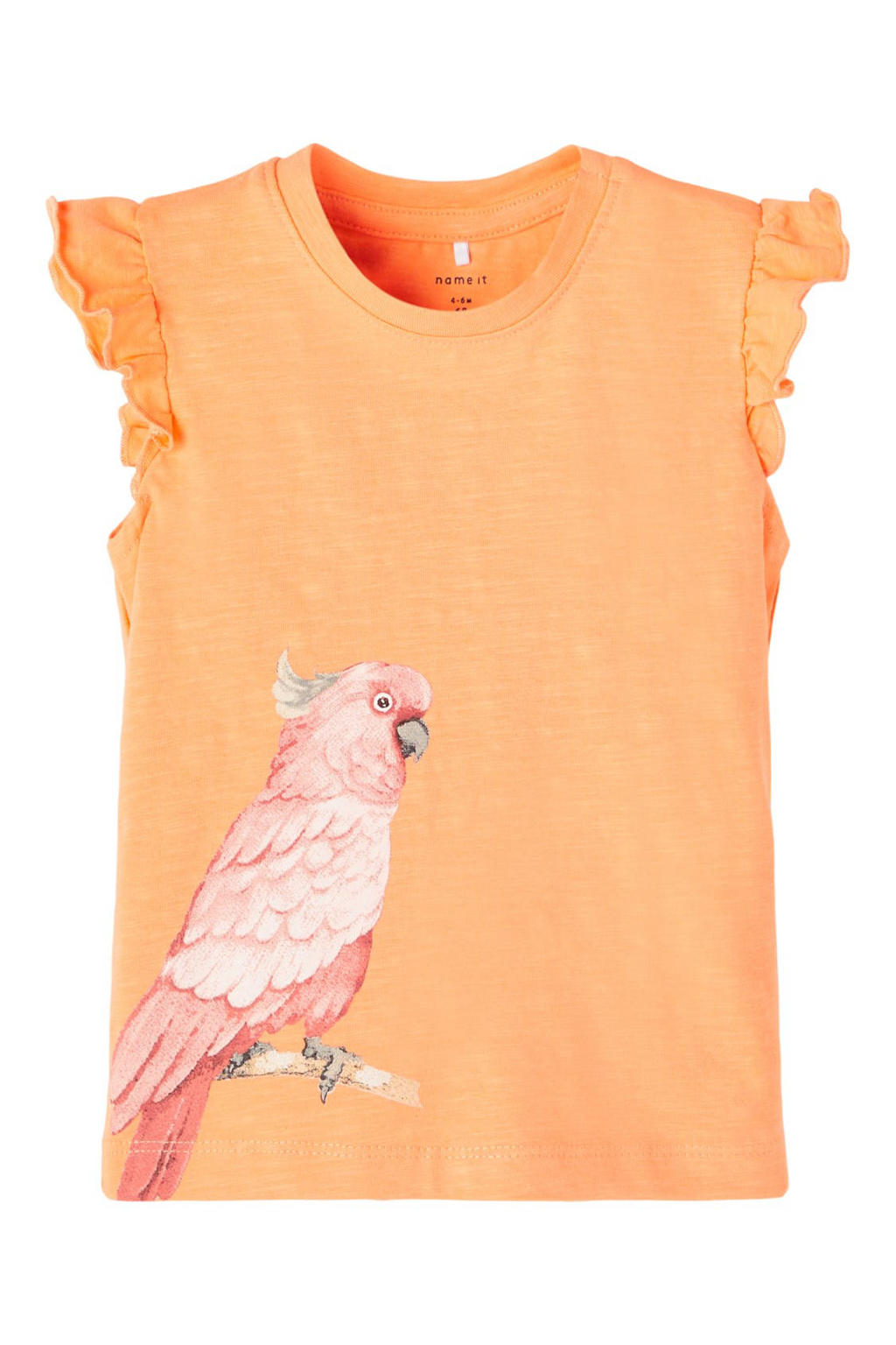 Oranje meisjes NAME IT BABY baby T-shirt Jennifer katoen met printopdruk, kapmouwtjes, ronde hals en ruches
