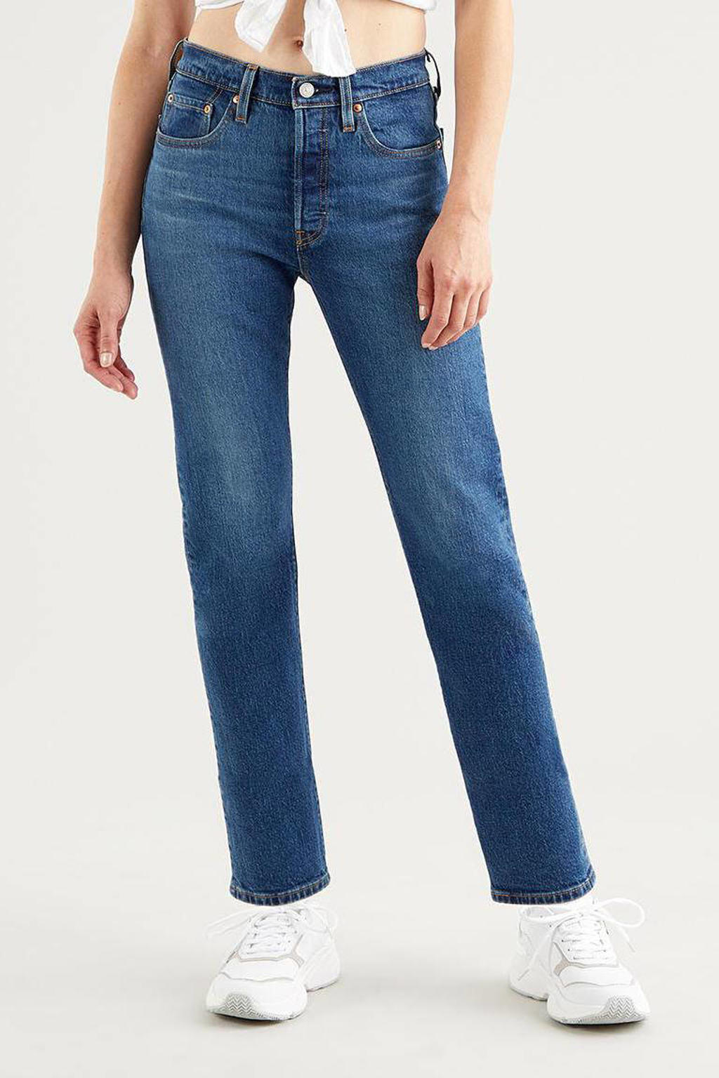 Blauwe dames Levi's crop high waist straight fit jeans van stretchdenim met knoopsluiting