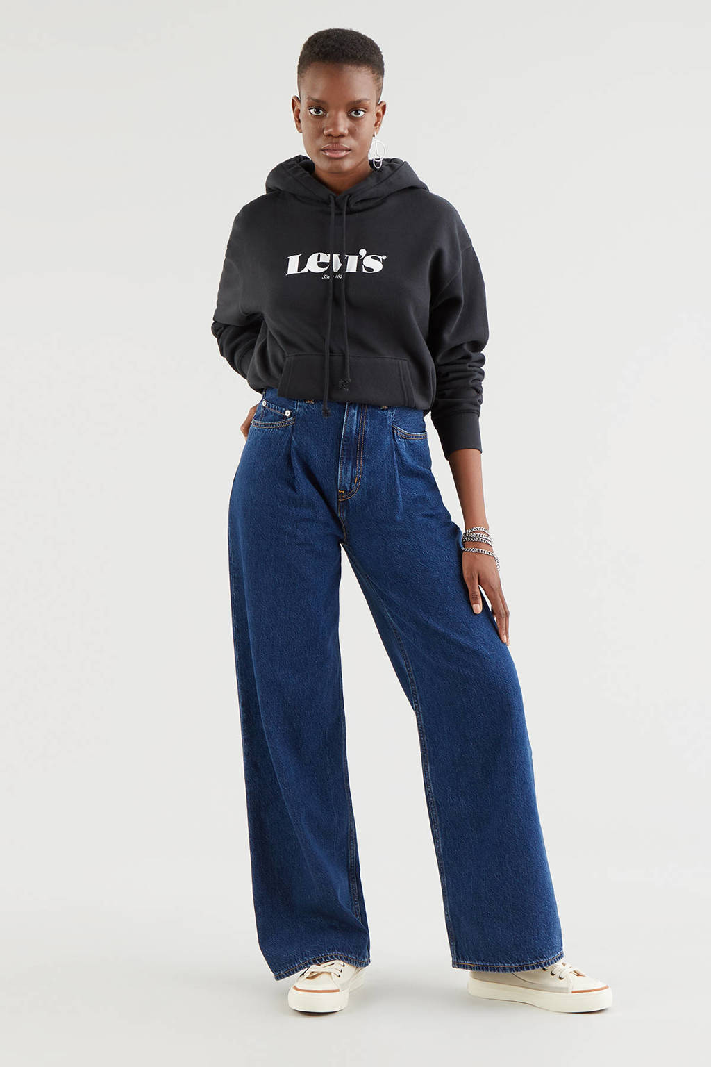 Zwarte dames Levi's hoodie van katoen met logo dessin, lange mouwen en capuchon