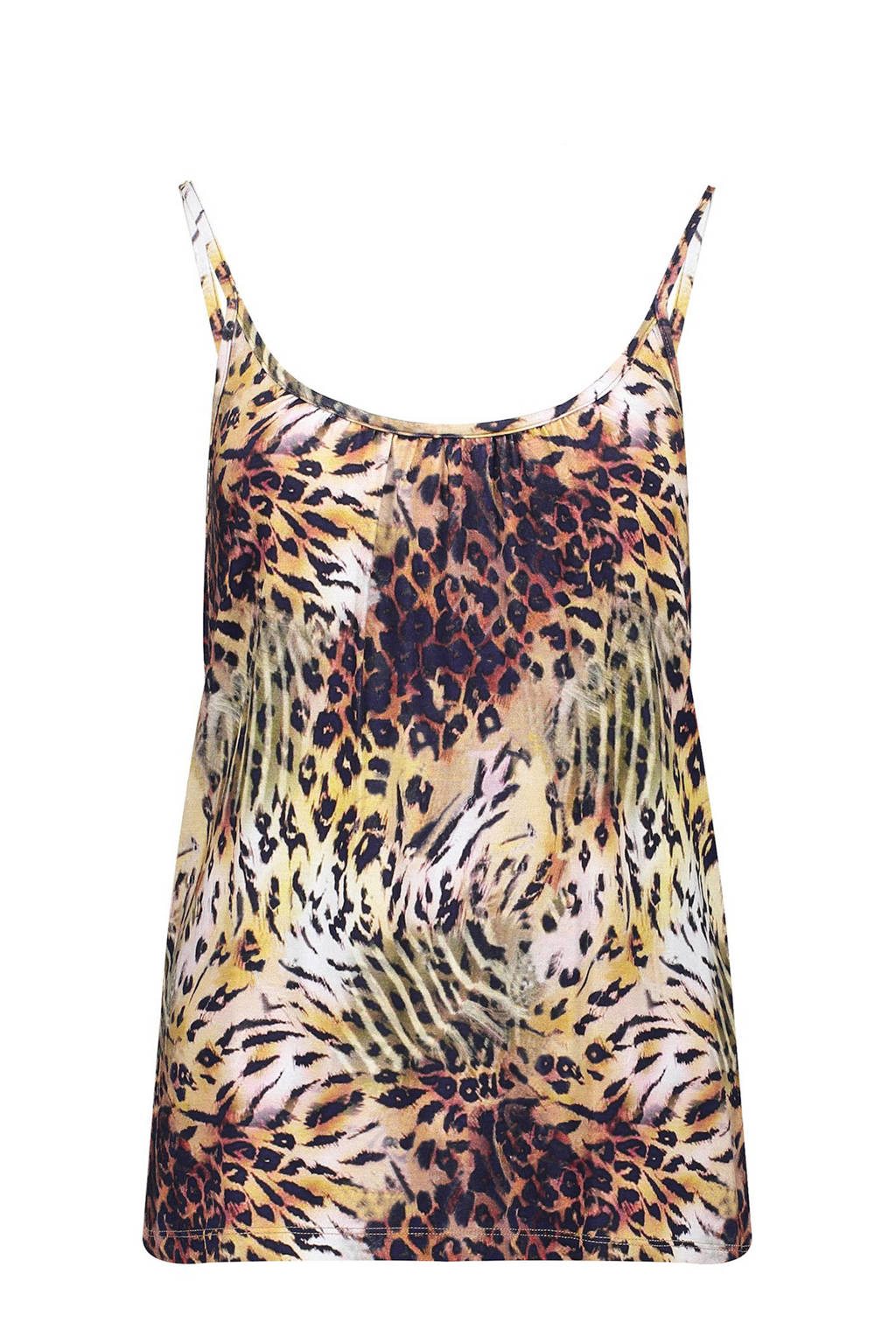 Multikleurige dames Geisha top van viscose met dierenprint, spaghettibandjes en ronde hals
