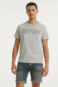 Lichtgrijze heren REPLAY T-shirt van katoen met logo dessin, korte mouwen en ronde hals