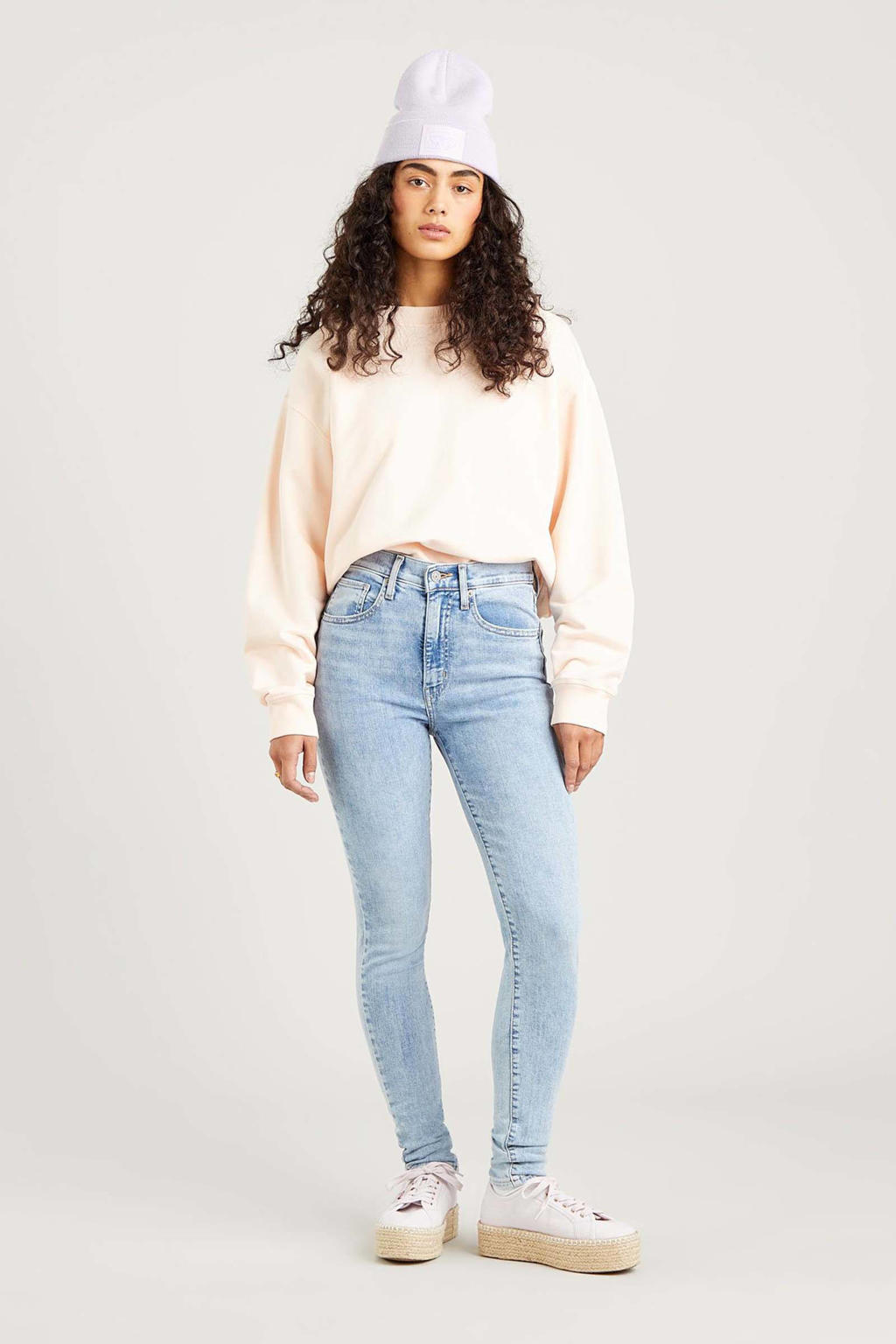 Lichtblauwe dames Levi's Mile high waist super skinny jeans van duurzaam stretchdenim met rits- en knoopsluiting