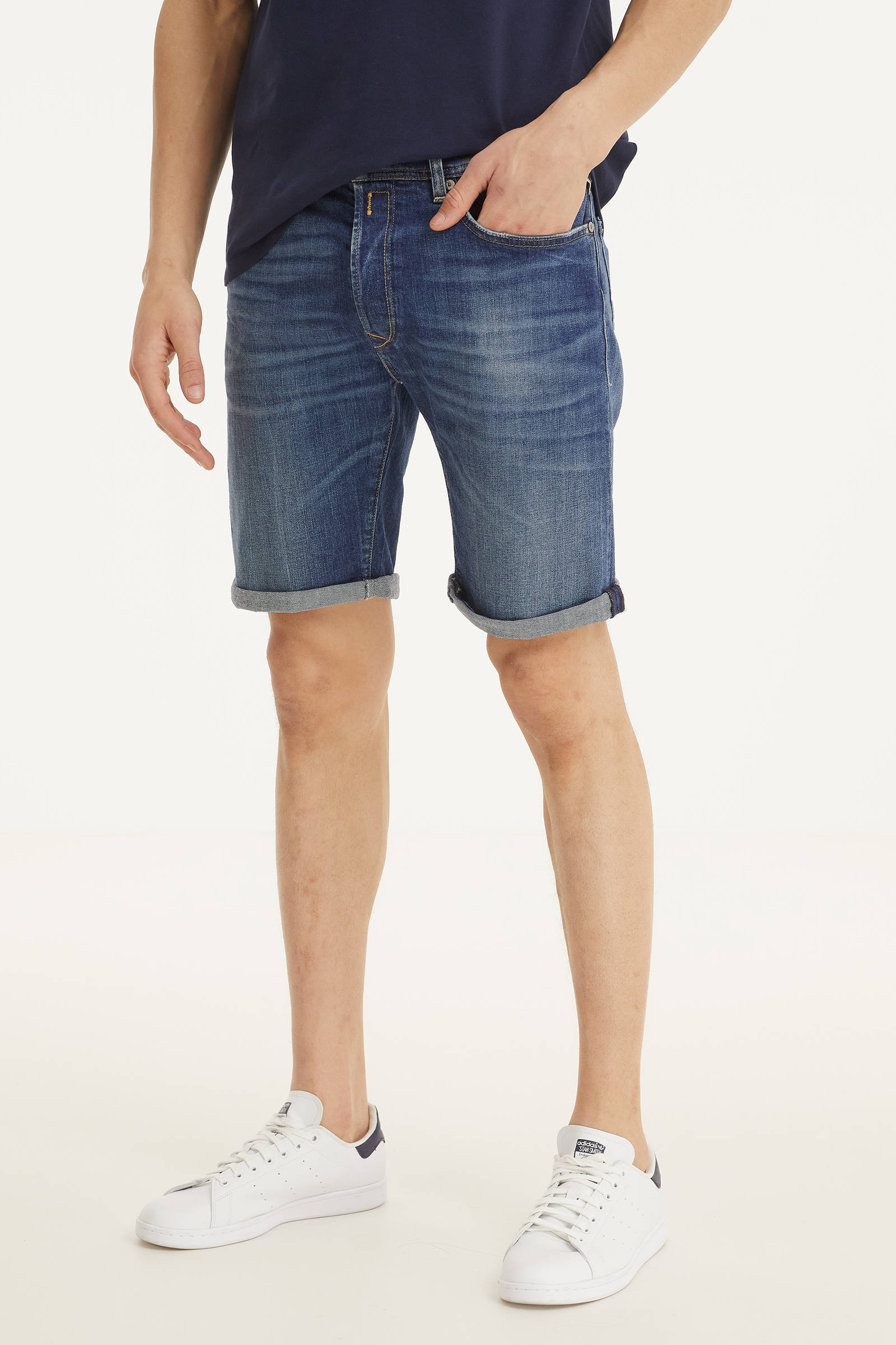 Korte spijkerbroek heren jog jeans blauw met elastiek
