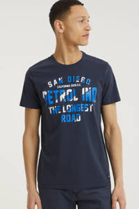 Donkerblauwe heren Petrol Industries T-shirt van katoen met logo dessin, korte mouwen en ronde hals