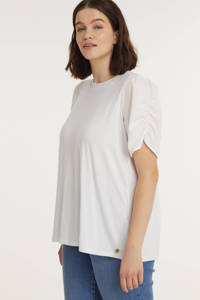 Witte dames Zoey T-shirt van polyester met korte mouwen, ronde hals en plooien