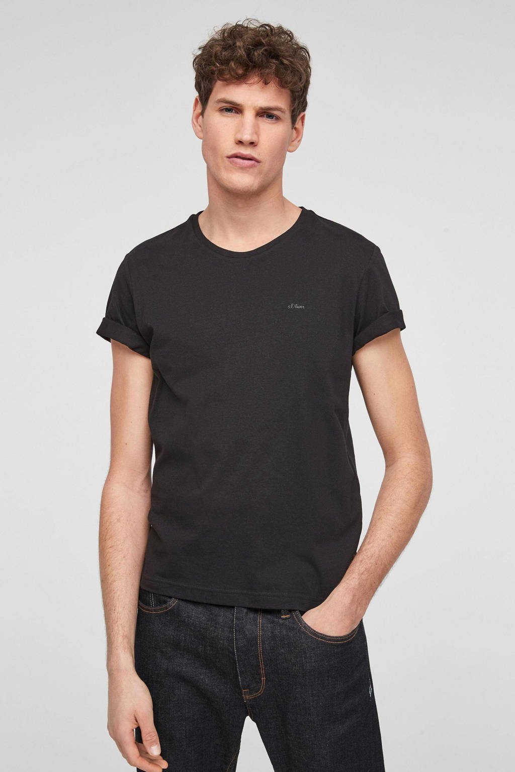 Zwarte heren s.Oliver T-shirt van katoen met korte mouwen en ronde hals