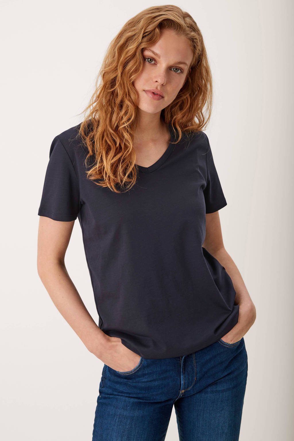 Marineblauwe dames s.Oliver T-shirt van katoen met korte mouwen en V-hals