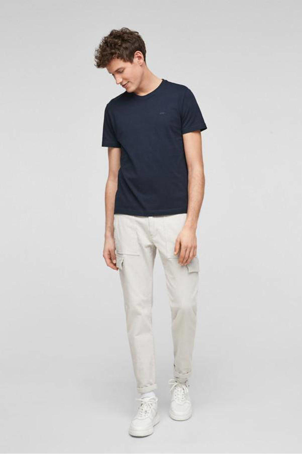 Marineblauwe heren s.Oliver T-shirt van katoen met effen, korte mouwen en ronde hals