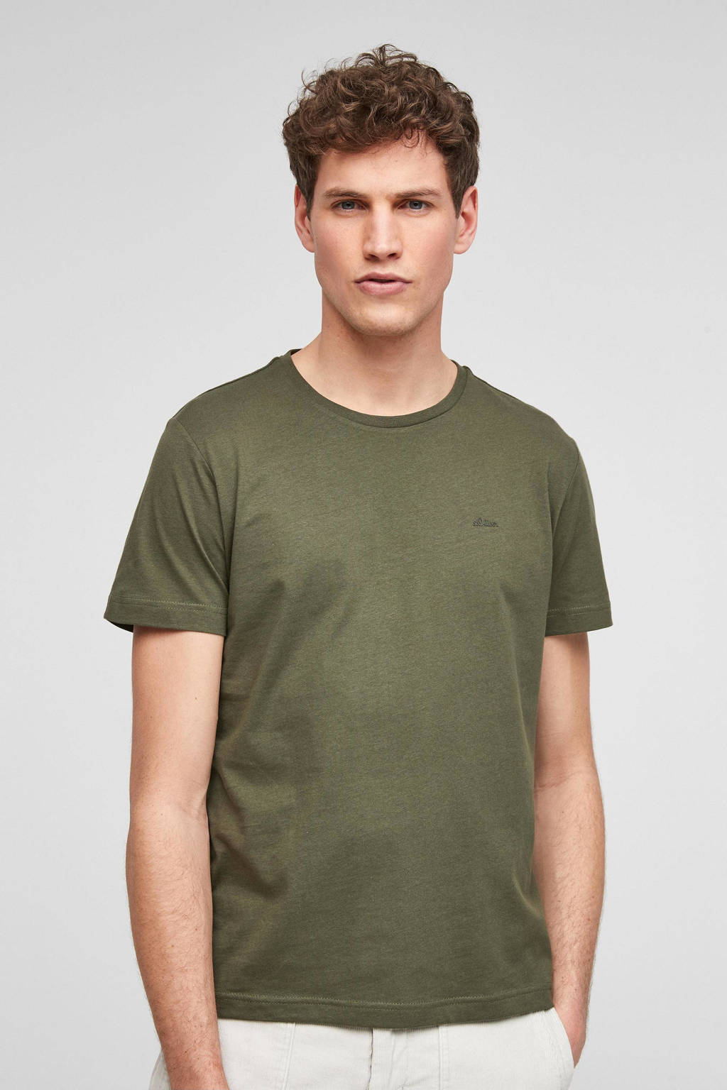 Donkergroene heren s.Oliver T-shirt van katoen met korte mouwen en ronde hals