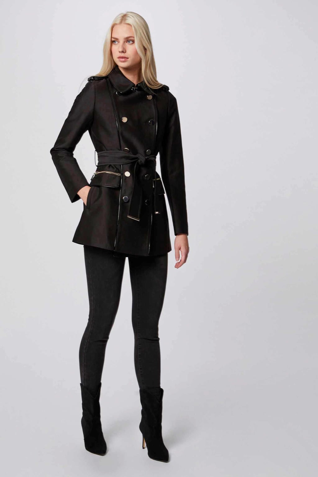 Zwarte dames Morgan trenchcoat zomer van polyester met lange mouwen, klassieke kraag, double breasted sluiting en ceintuur