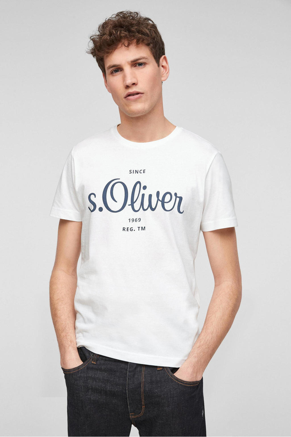 Witte heren s.Oliver T-shirt van katoen met logo dessin, korte mouwen en ronde hals