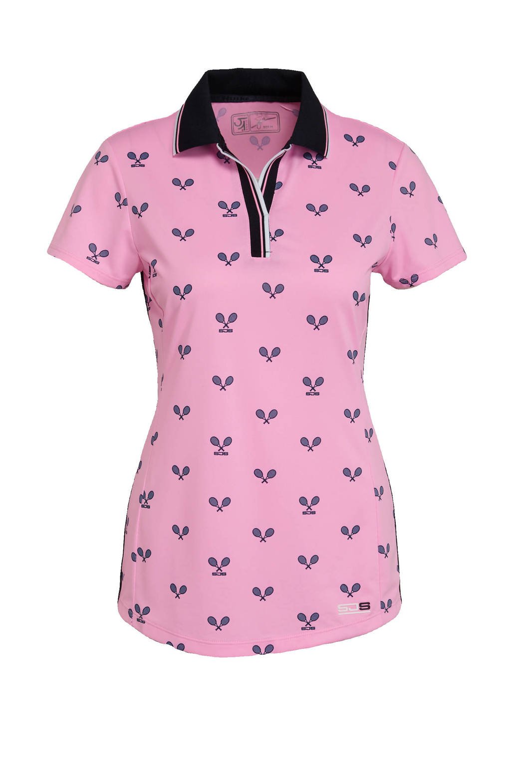 Roze en zwarte dames Sjeng Sports sportpolo Brenda van polyester met all over print en korte mouwen