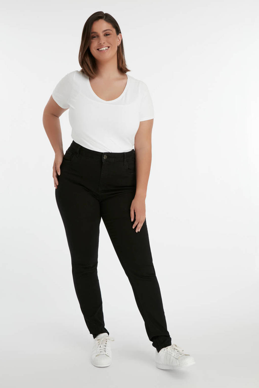 Zwarte dames MS Mode high waist skinny jeans van stretchdenim met rits- en knoopsluiting