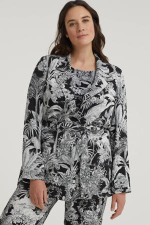 blazer Jaina met all over print en ceintuur zwart/wit