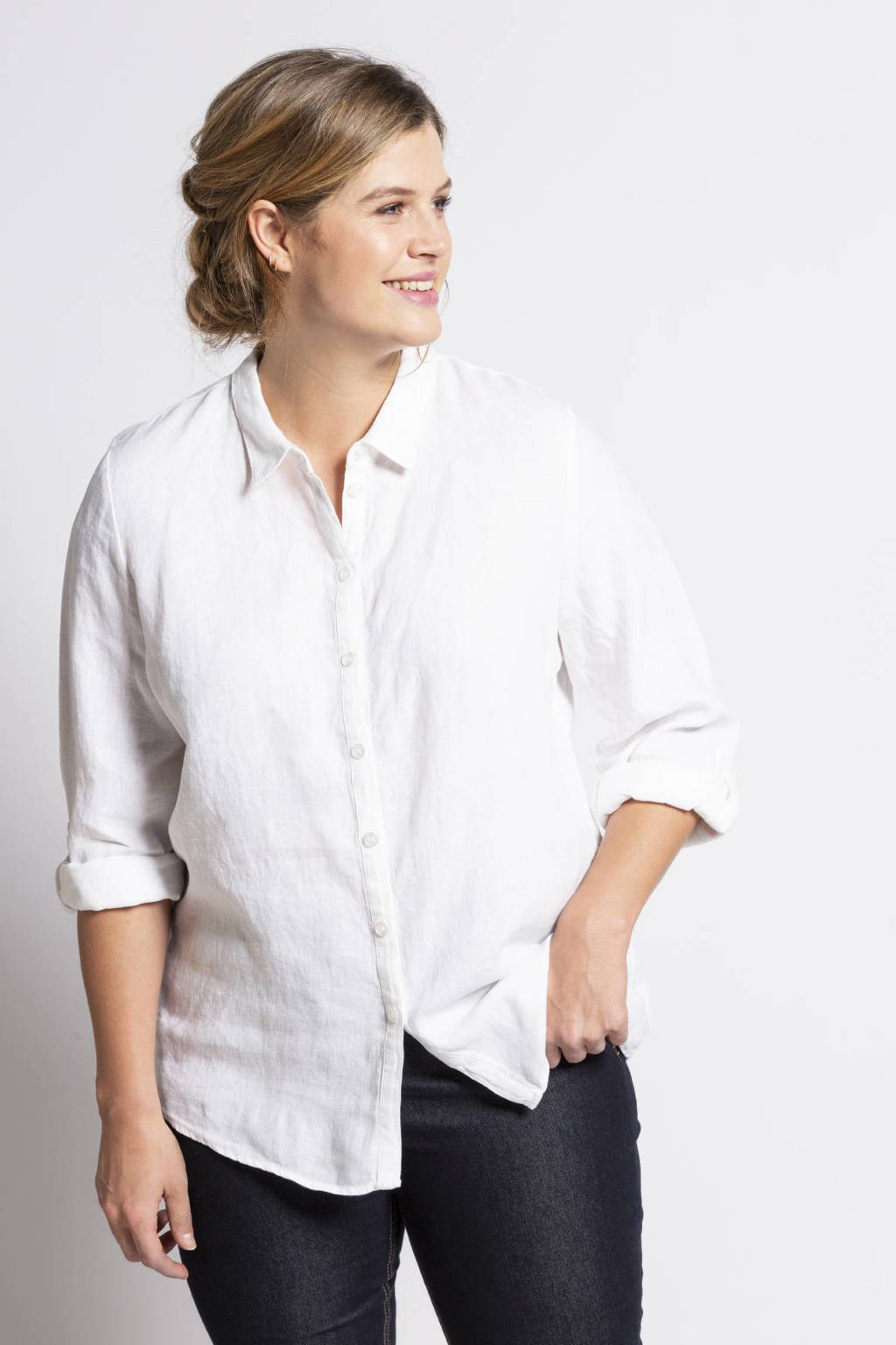 Witte dames Ulla Popken geweven blouse van linnen met lange mouwen, klassieke kraag en knoopsluiting