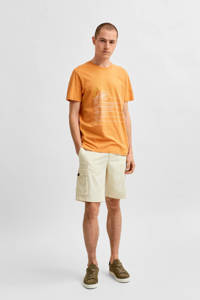 Oranje heren SELECTED HOMME T-shirt Collin Camp van biologisch katoen met printopdruk, korte mouwen en ronde hals