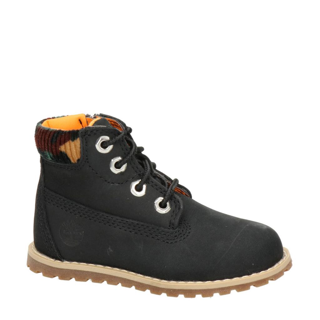 Zwarte jongens en meisjes Timberland Pokey Pine nubuck veterboots met profielzool en rits- en vetersluiting