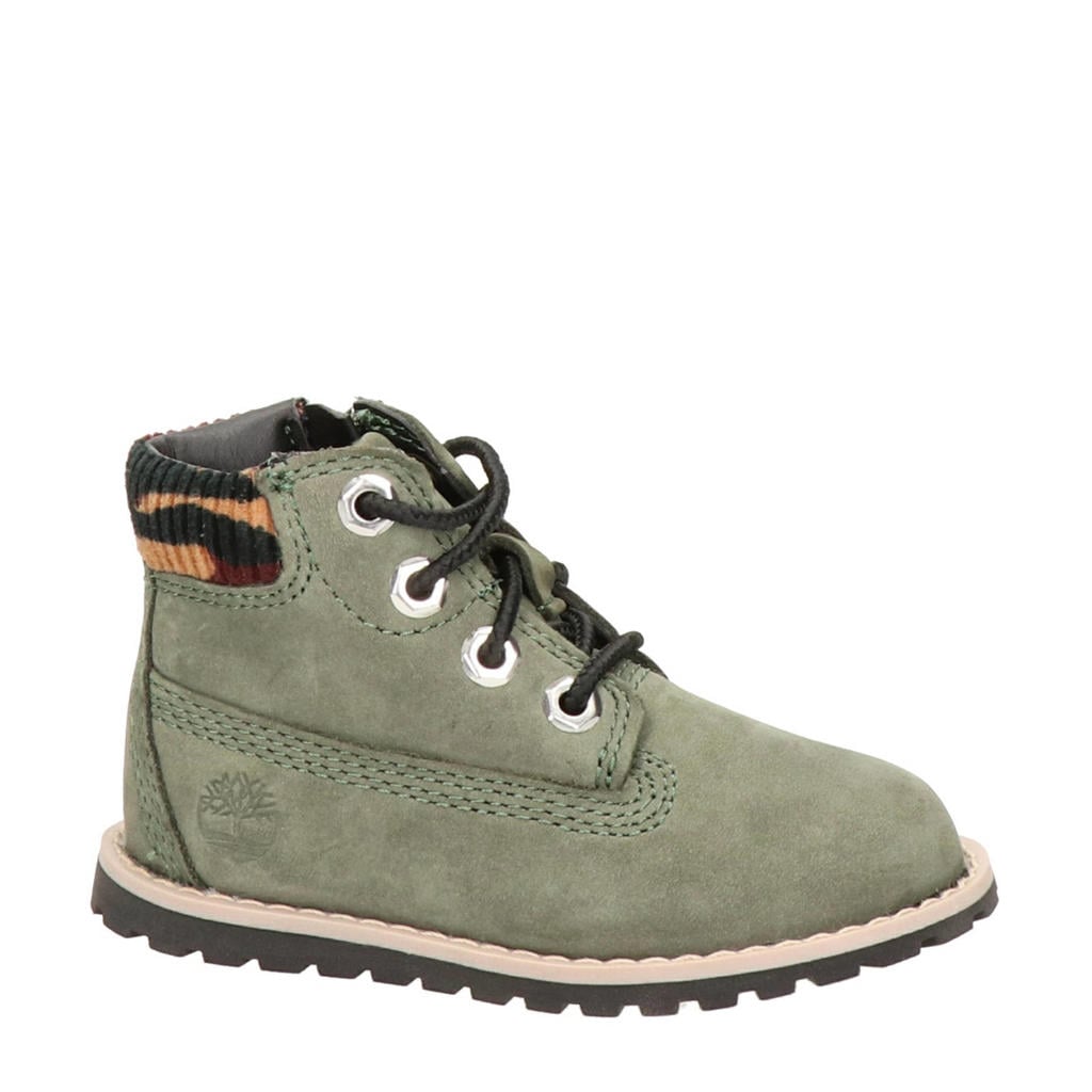 Groene jongens en meisjes Timberland Pokey Pine nubuck veterboots met profielzool en rits- en vetersluiting