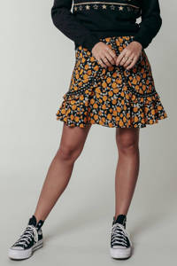 Colourful Rebel gebloemde mini rok Maud met contrastbies en studs zwart/ geel, Zwart/ geel