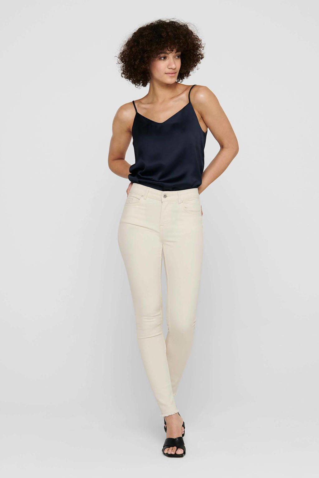 Ecru dames ONLY skinny jeans regular van stretchdenim met rits- en knoopsluiting en effen